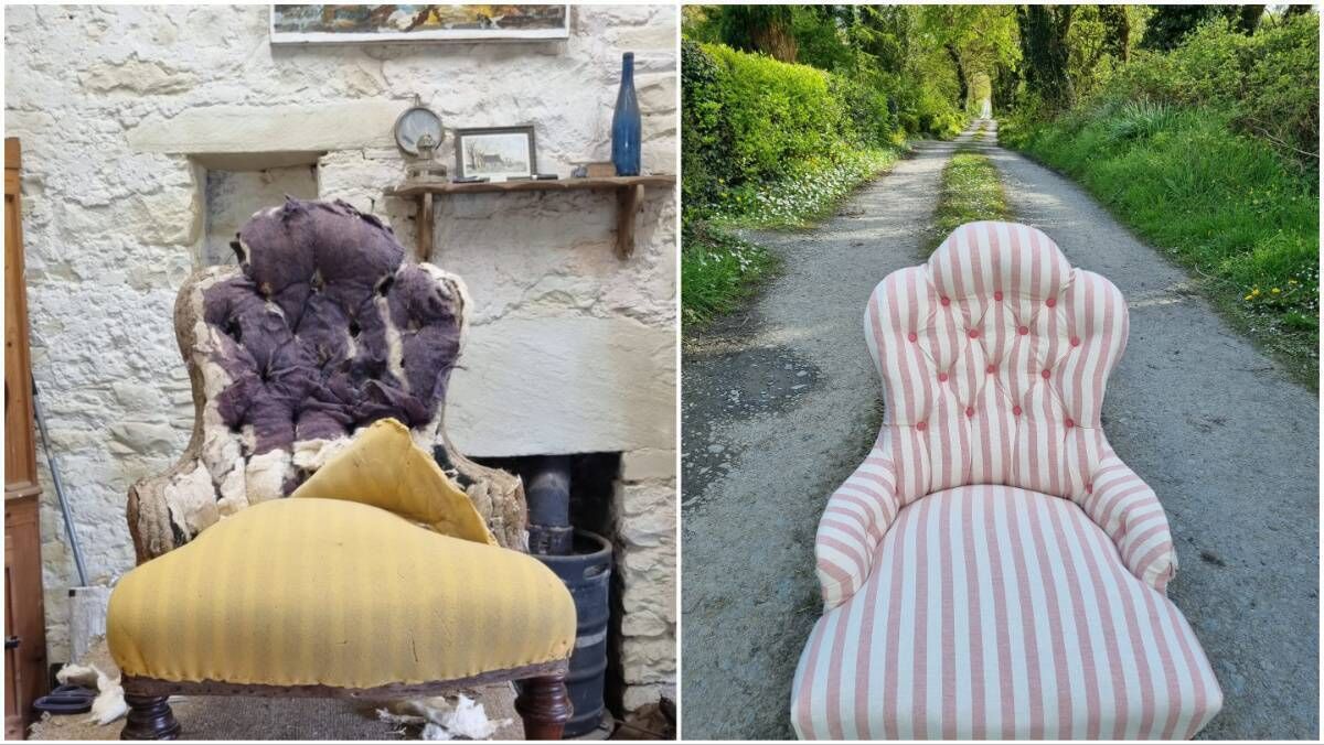 Sara bought this chair for €50 on Adverts, left, pictured mid-dismantling process, and upholstered it in a weekend class, right. Sara bought this chair for €50 on Adverts, left, pictured mid-dismantling process, and upholstered it in a weekend class, right.