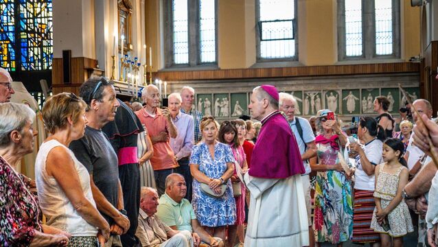 <p> Final Mass at St Augustine’s Church: News: XX/EE: 12/07/26: Bishop Fintan Gavin arrives at the altar during the opening procession of the final Mass at St Augustine’s Church. Picture: Chani Anderson</p>