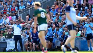 <p>Dublin’s manager Ger Brennan on the line at Croke Park on Sunday. Pic: INPHO/James Crombie</p>
