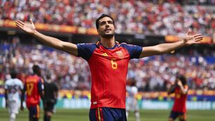 <p>Mikel Merino celebrates a late winner in Los Angeles. Pic: David Ramos/Getty</p>