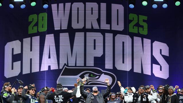 <p>PRIZE ASSET: The Seahawks' Leonard Williams with the Lombardi Trophy during the Seattle Super Bowl LX victory celebrations. Pic Steph Chambers/Getty Images</p>