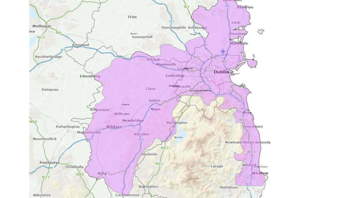 Locations in the Greater Dublin Area (covering Dublin and parts of Kildare, Meath and Wicklow) where water conservation orders are in place. Locations in the Greater Dublin Area (covering Dublin and parts of Kildare, Meath and Wicklow) where water conservation orders are in place.