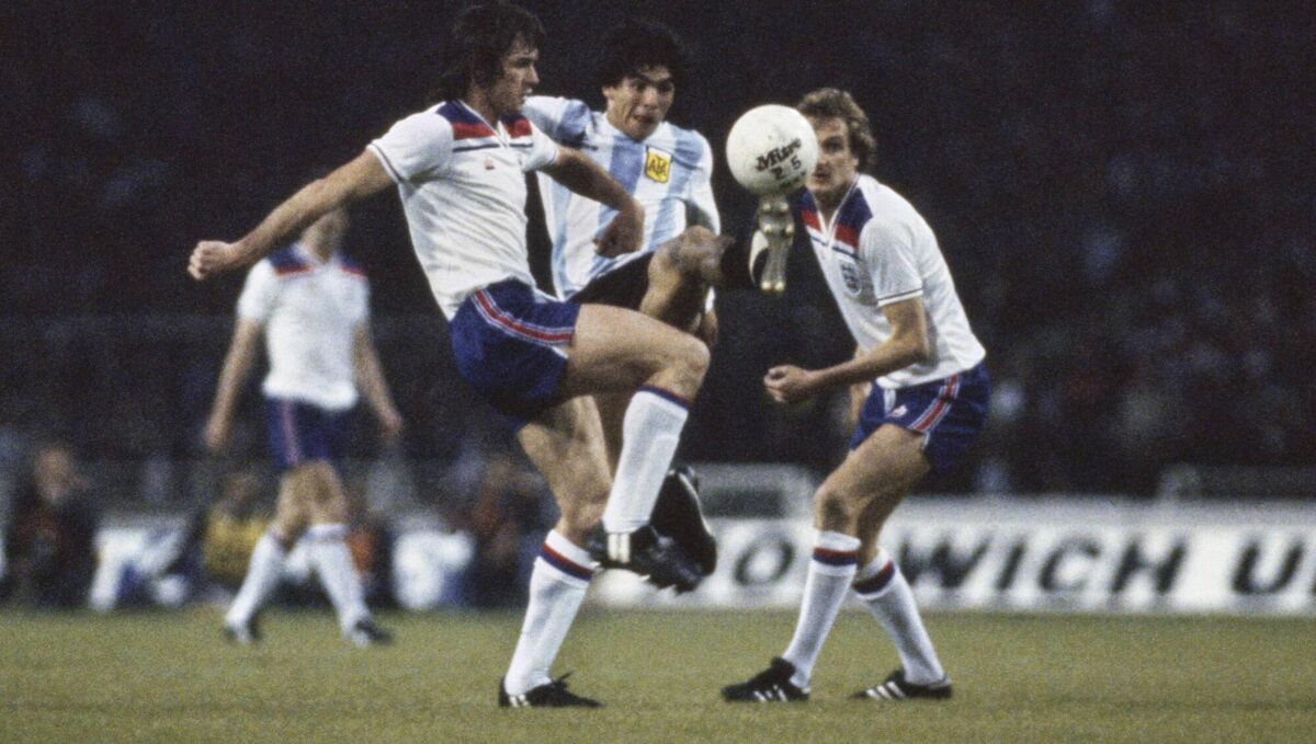 England players Dave Watson and Phil Thompson in action with Diego Maradona. Pic: Duncan Raban/Allsport/Getty Images/Hulton Archive.