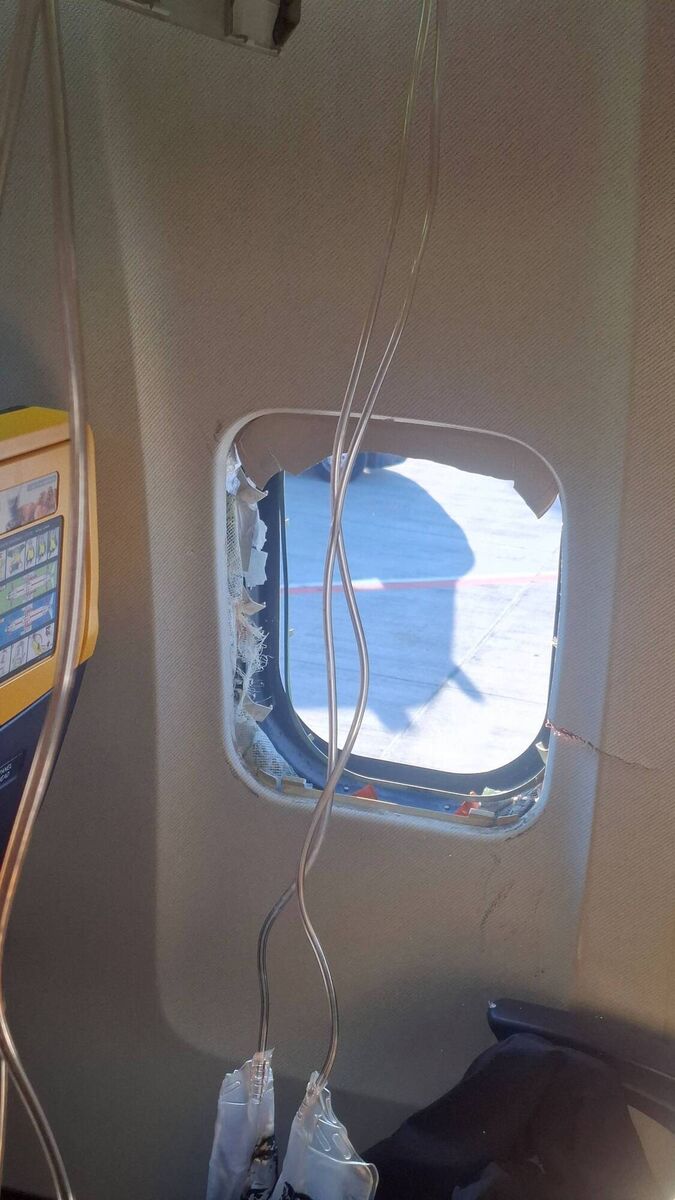 A broken window of the Ryanair aircraft. Picture: Despoina Papapavlou/Reuters A broken window of the Ryanair aircraft. Picture: Despoina Papapavlou/Reuters