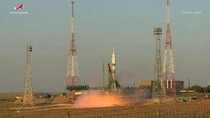 The Soyuz-2.1 rocket booster with Soyuz MS-29 space ship blasts off in Kazakhstan on Tuesday (Roscosmos space corporation via AP) The Soyuz-2.1 rocket booster with Soyuz MS-29 space ship blasts off in Kazakhstan on Tuesday (Roscosmos space corporation via AP)