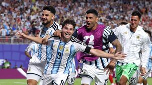 <p>MORE, MORE, MORE? Julian Alvarez #9 of Argentina celebrates with teammates. Pic: Carl Recine/Getty Images</p>