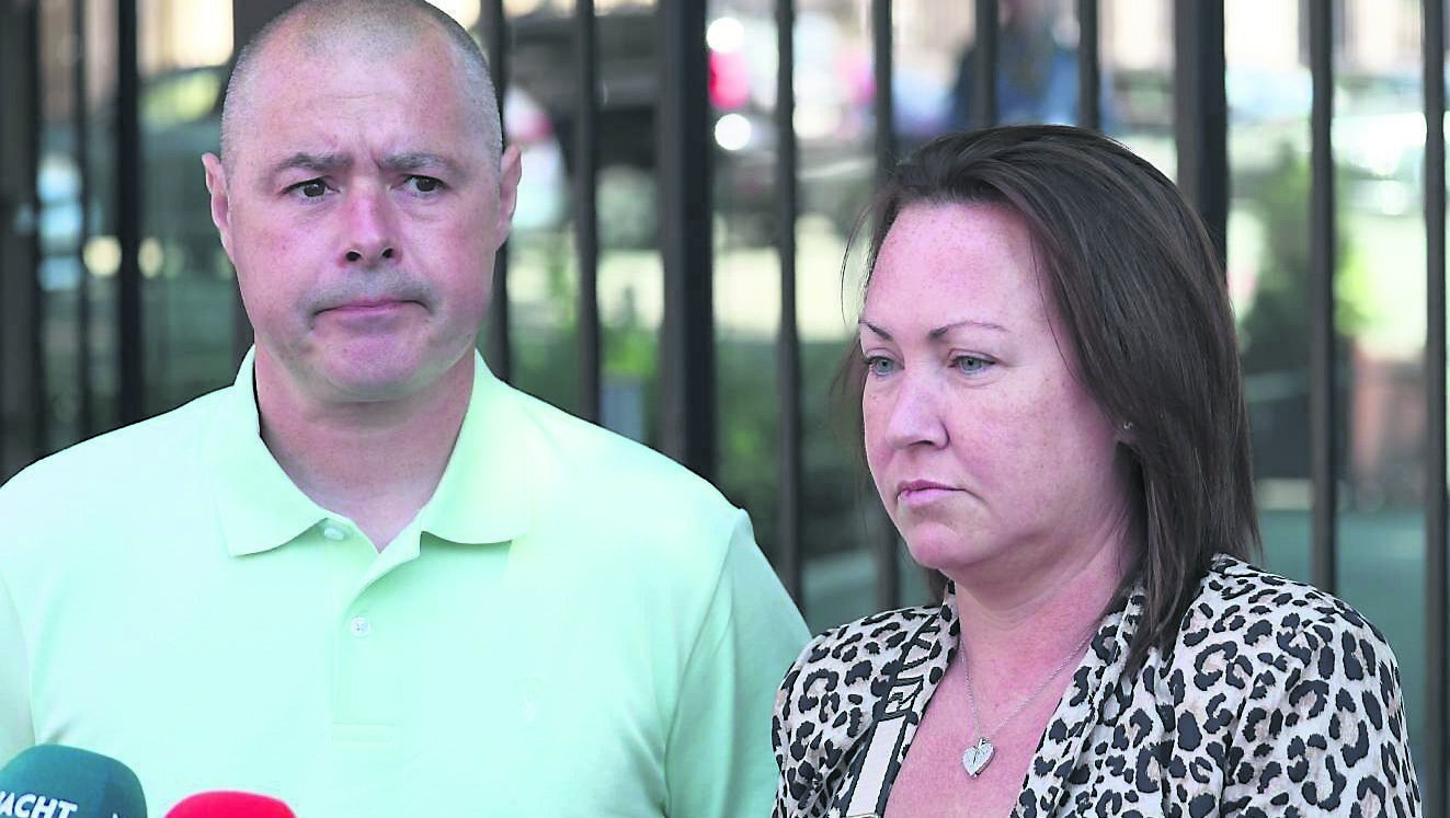 Grace Lynch’s parents Siobhan and Martin Lynch outside Government Buildings this afternoon. They say more needs to be done to combat scramblers, adding that despite everything young people are still dangerously driving in their area. Picture: Stephen Collins/Collins