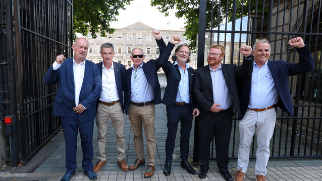<p class="contextmenu internal_Caption">Jason Clancy, Barry Murphy, Colin Power, Kevin Keating, and Paul Walsh outside the Dáil before going inside to hear the Government's apology to the survivors of Bill Kenneally’s sexual abuse. Picture: Leah Farrell</p>