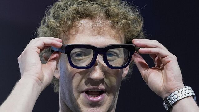 <p>Mark Zuckerberg wears a pair of Orion AR glasses during the Meta Connect conference. Picture: AP Photo/Godofredo A. Vásquez, File</p>