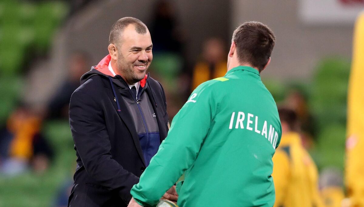 OLD FRIENDS: Ireland's Johnny Sexton catches up with his old head coach Michael Cheika prior to their 20189 test match in Melbourne. Pic: Dan Sheridan, Inpho OLD FRIENDS: Ireland's Johnny Sexton catches up with his old head coach Michael Cheika prior to their 20189 test match in Melbourne. Pic: Dan Sheridan, Inpho