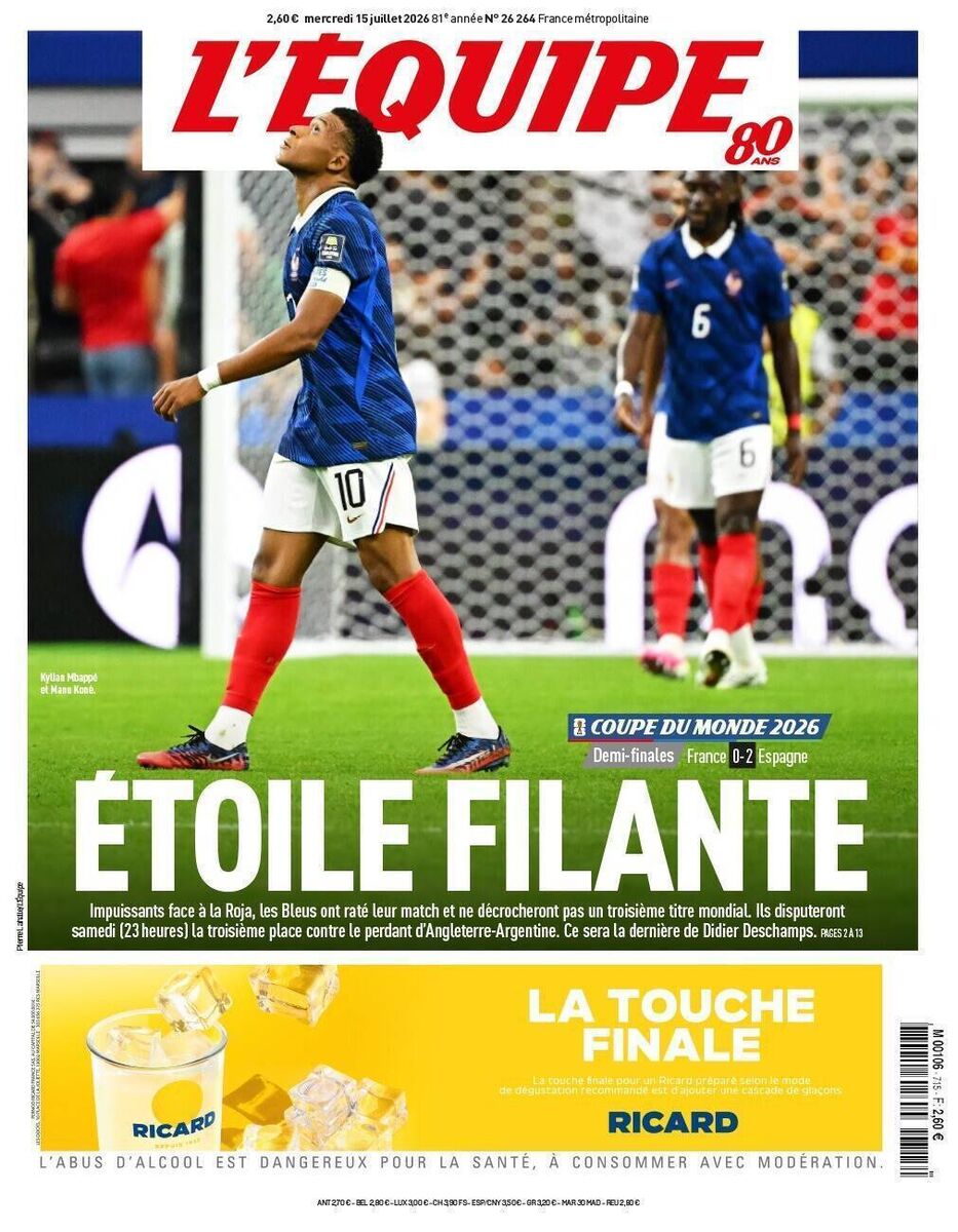 Shooting star: the cover of Wednesday's L'Equipe after France's World Cup exit at the hands of Spain.