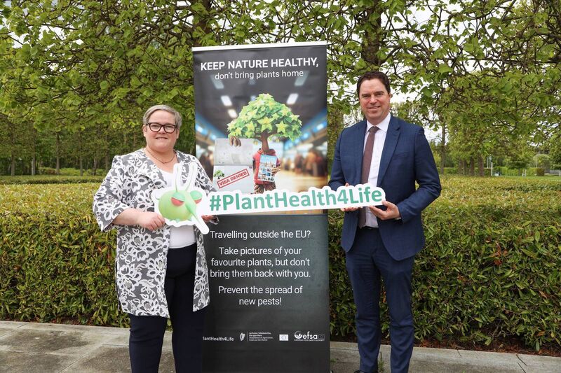 Martin Heydon, Minister for Agriculture, Food and the Marine, and Ireland’s Chief Plant Health Officer, Louise Byrne, at the Backweston Laboratory Campus, Co Kildare, launching the 2026 #PlantHealth4Life campaign, which is led by the European Food Safety Authority (EFSA) and the European Commission (EC), and supported in Ireland by the Department of Agriculture, Food &amp; the Marine, to raise awareness and trigger critical thinking on plant health risks and their direct link to the economy, our communities, and European food safety.