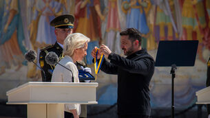 Ukrainian President Volodymyr Zelenskyy, right, awards European Commission President Ursula von der Leyen in Kyiv (AP Photo/Dan Bashakov) Ukrainian President Volodymyr Zelenskyy, right, awards European Commission President Ursula von der Leyen in Kyiv (AP Photo/Dan Bashakov)