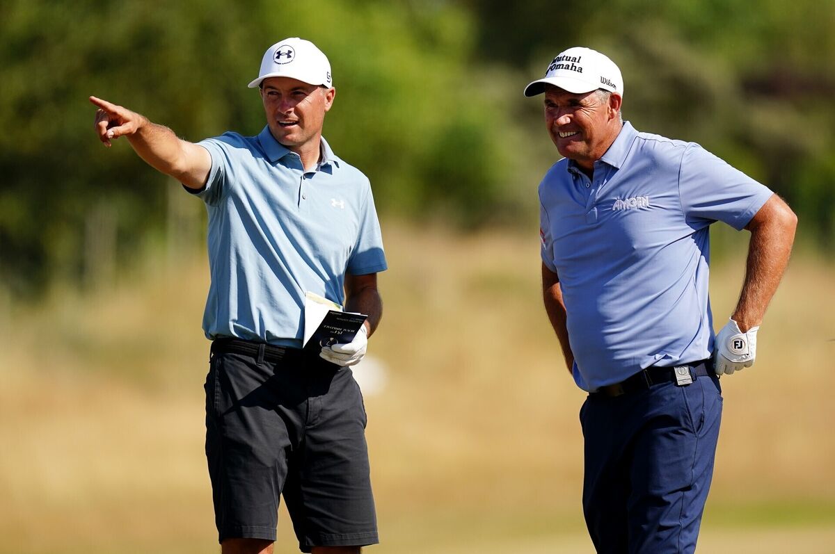 Former champions Padraig Harrington and Jordan Spieth chat during practice round. Pic: Jacob King/PA Wire Former champions Padraig Harrington and Jordan Spieth chat during practice round. Pic: Jacob King/PA Wire