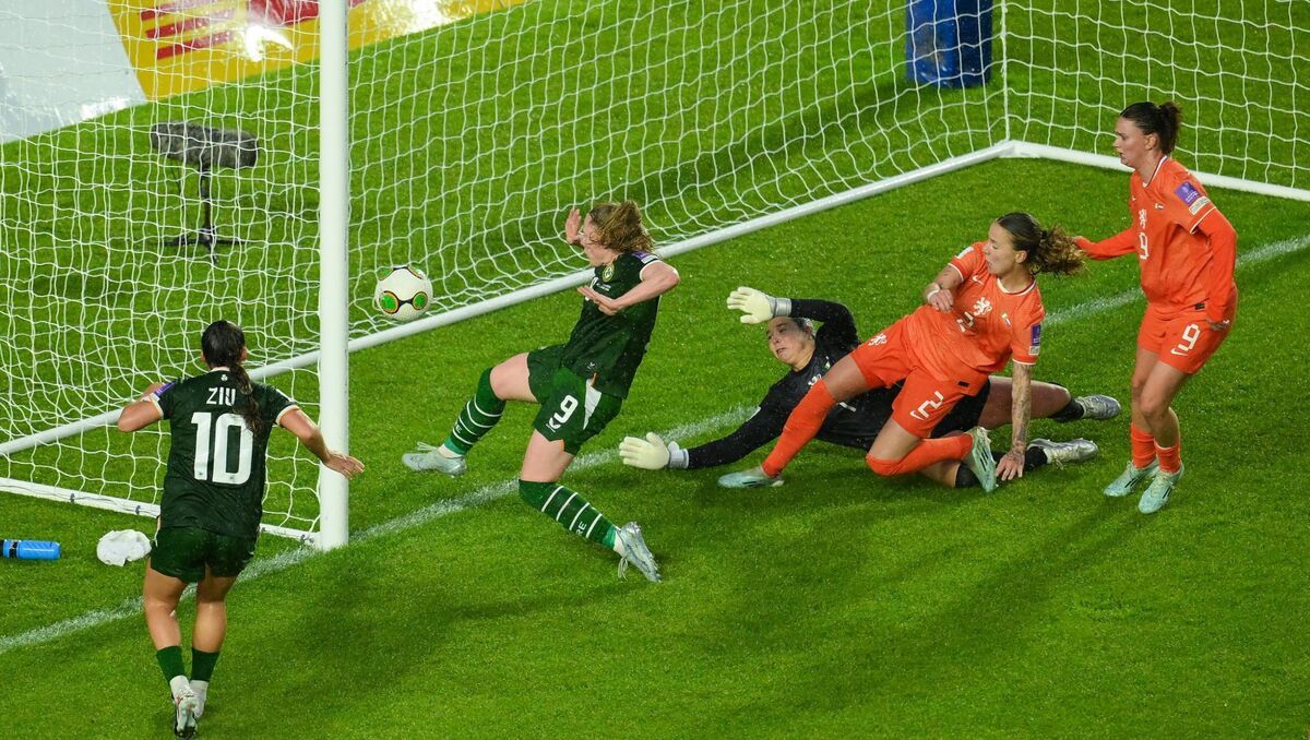 Amber Barrett turns in a late winner against The Netherlands at Páirc Uí Chaoimh. Pic: Brendan Moran/Sportsfile