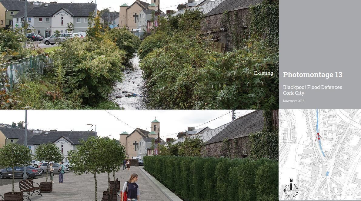 A before and after image of the flood defences for Orchard Court in Blackpool in one of the previous official proposals to culvert the Bride River. File picture A before and after image of the flood defences for Orchard Court in Blackpool in one of the previous official proposals to culvert the Bride River. File picture