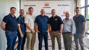 <p>The panelists and sponsor at Dalo’s Hurling Show Live, from the Castletroy Hotel in Limerick. From left, Mark Landers, TJ Ryan, Irish Examiner Sports journalist Maurice Brosnan, Anthony Daly, Derek Greaney (event sponsor rep), Cyril Farrell and Patrick Horgan. Pic: Noel Sweeney</p>
