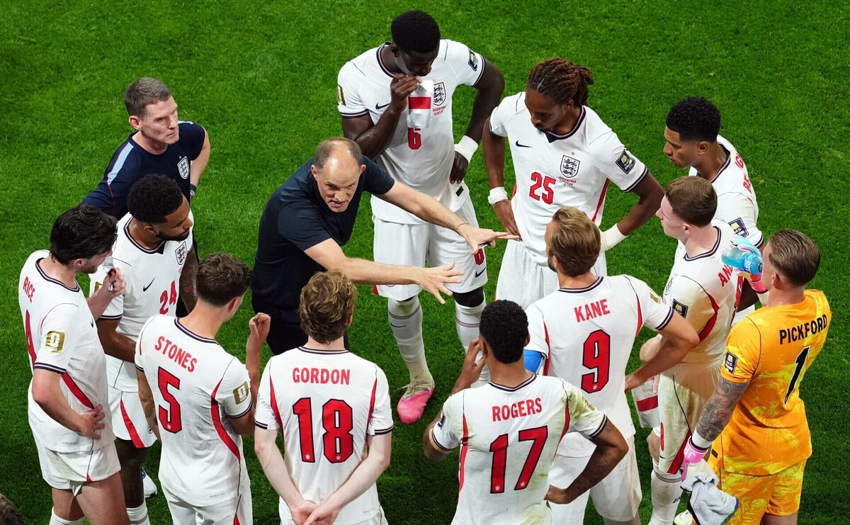 England manager Thomas Tuchel speaking with his players at the hydration break. Pic: Martin Rickett/PA Wire England manager Thomas Tuchel speaking with his players at the hydration break. Pic: Martin Rickett/PA Wire