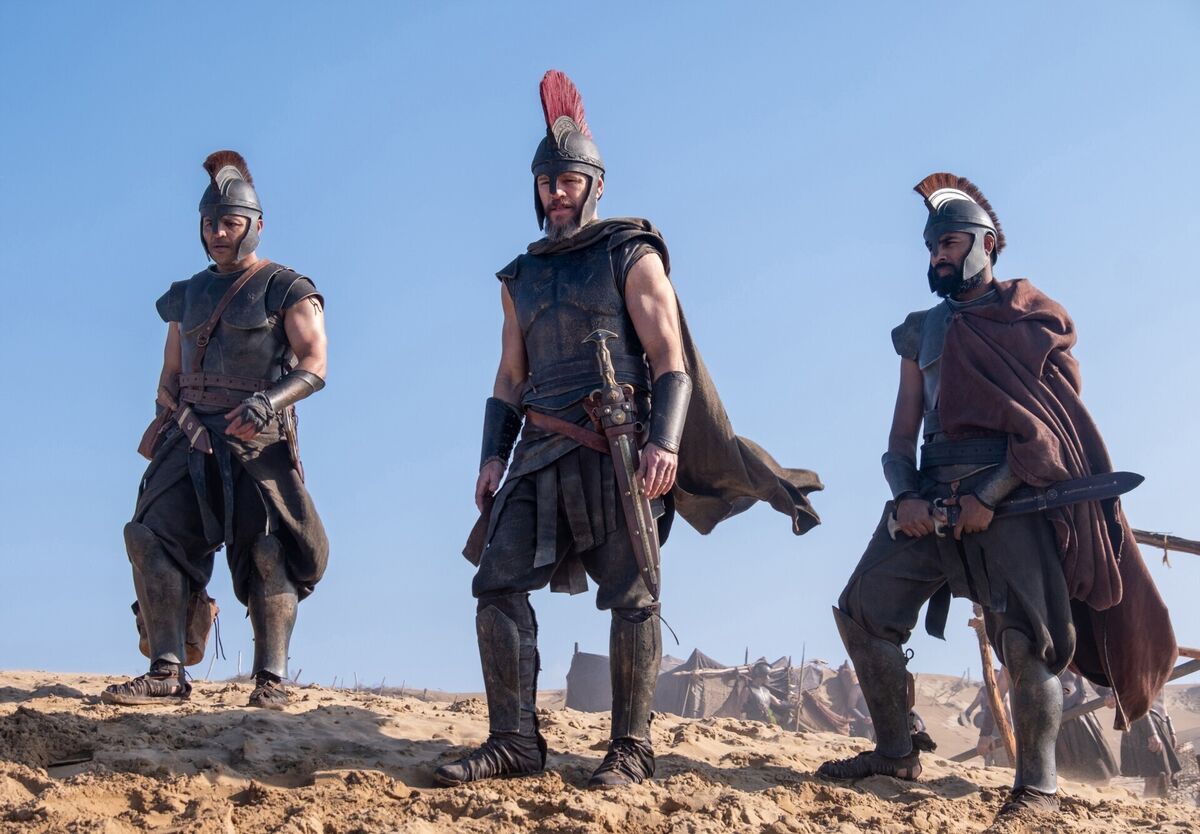 Cepheus (Jimmy Gonzales), Odysseus (Matt Damon) and Eurylochus (Himesh Patel) in a scene from The Odyssey which opens this week. Picture: Melinda Sue Gordon/Universal Studios Cepheus (Jimmy Gonzales), Odysseus (Matt Damon) and Eurylochus (Himesh Patel) in a scene from The Odyssey which opens this week. Picture: Melinda Sue Gordon/Universal Studios