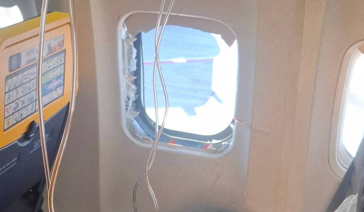A broken window and the interior of the Ryanair aircraft, following a reported emergency landing, in location given as Thessaloniki, Greece.