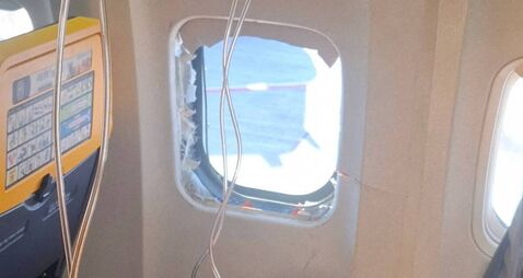 A broken window and the interior of the Ryanair aircraft, following a reported emergency landing, in location given as Thessalon