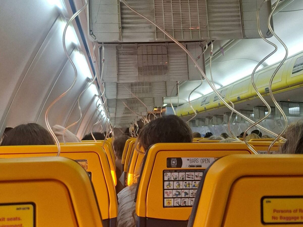The interior of the Ryanair aircraft, following the emergency landing inThessaloniki, Greece. Picture: Despoina Papapavlou/Reuters The interior of the Ryanair aircraft, following the emergency landing inThessaloniki, Greece. Picture: Despoina Papapavlou/Reuters
