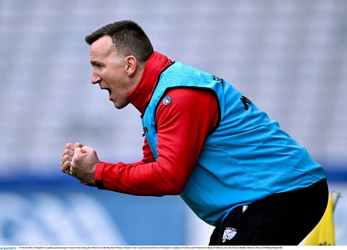 St Raphael's Loughrea joint-manager Francis Forde during the 2024 Masita GAA Hurling Post Primary Schools Croke Cup final with St Kieran's College of Kilkenny at Croke Park in Dublin. Photo by Piaras Ó Mídheach/Sportsfile St Raphael's Loughrea joint-manager Francis Forde during the 2024 Masita GAA Hurling Post Primary Schools Croke Cup final with St Kieran's College of Kilkenny at Croke Park in Dublin. Photo by Piaras Ó Mídheach/Sportsfile