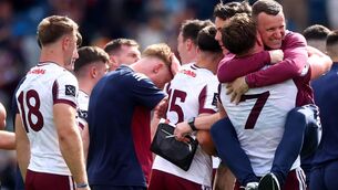 <p> Galway's selector Francis Forde celebrates with Ronan Glennon following the All-Ireland semi-final win over Cork. Pic: ©INPHO/James Crombie</p>