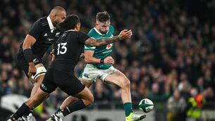 <p>Hugo Keenan of Ireland in action against Rieko Ioane of New Zealand. Pic: Brendan Moran/Sportsfile</p> <p>Hugo Keenan of Ireland in action against Rieko Ioane of New Zealand. Pic: Brendan Moran/Sportsfile</p>