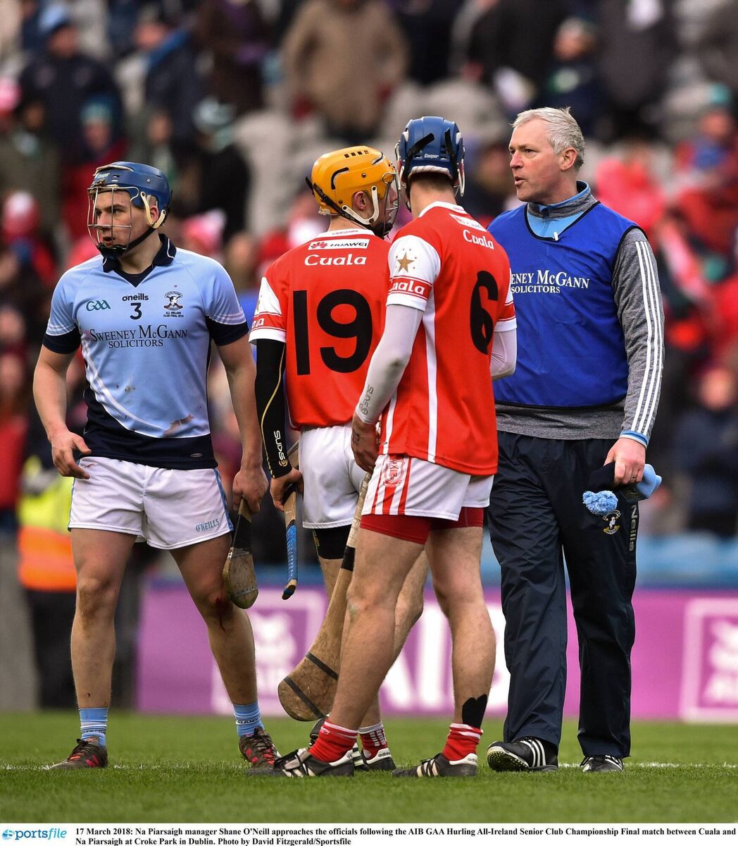 Na Piarsaigh manager Shane O'Neill approaches the officials following the AIB GAA Hurling All-Ireland Senior Club Championship final. Picture: David Fitzgerald/Sportsfile Na Piarsaigh manager Shane O'Neill approaches the officials following the AIB GAA Hurling All-Ireland Senior Club Championship final. Picture: David Fitzgerald/Sportsfile
