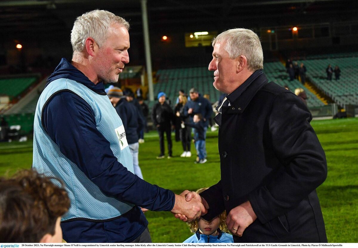 Na Piarsaigh manager Shane O'Neill is congratulated by Limerick senior hurling manager John Kiely after the 2023 Limerick County Senior Club Hurling Championship final. Picture: Piaras Ó Mídheach/Sportsfile Na Piarsaigh manager Shane O'Neill is congratulated by Limerick senior hurling manager John Kiely after the 2023 Limerick County Senior Club Hurling Championship final. Picture: Piaras Ó Mídheach/Sportsfile