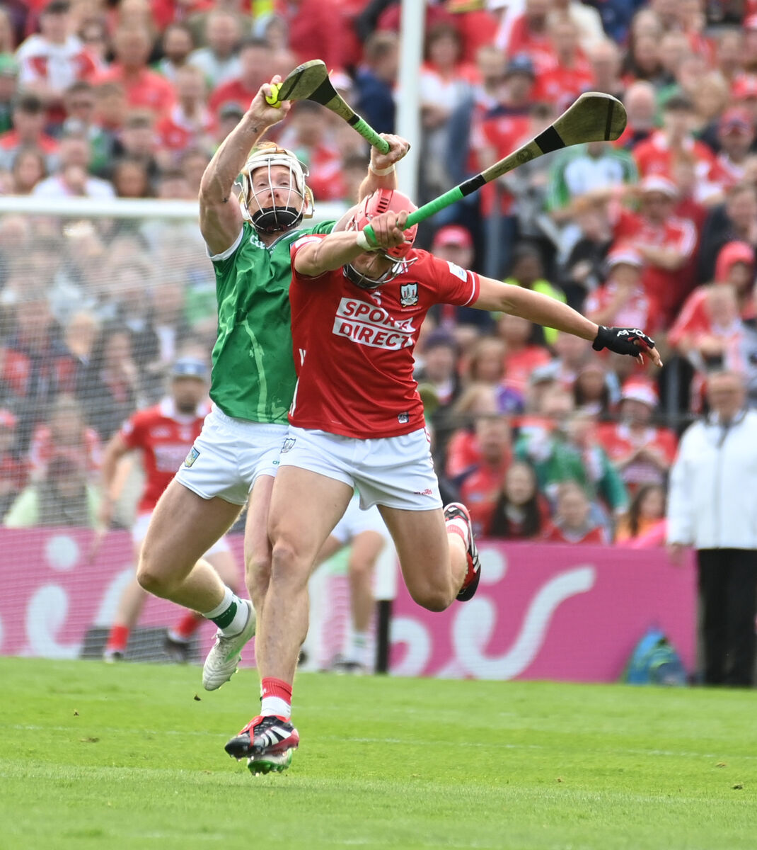 Limerick's Cian Lynch wins the sliotar from Cork's Ciarán Joyce. Picture: Eddie O'Hare Limerick's Cian Lynch wins the sliotar from Cork's Ciarán Joyce. Picture: Eddie O'Hare