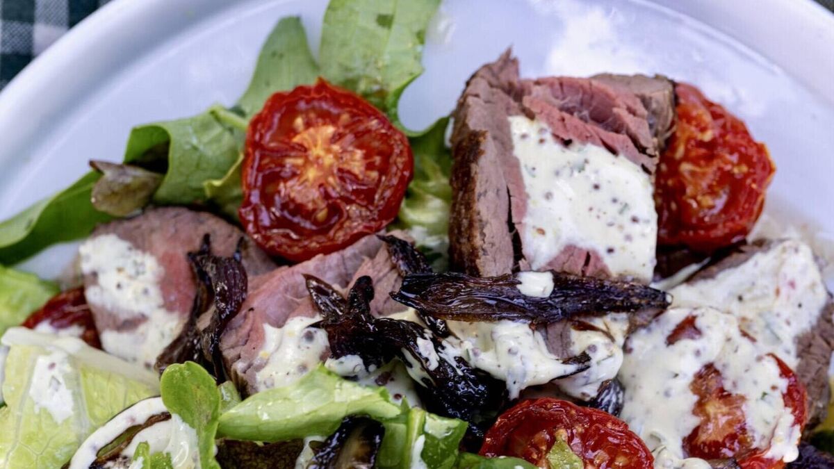 Fillet of Beef Salad withRoast Tomatoes, Onions,and Sour Cream Dressing