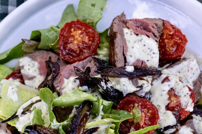 Fillet of Beef Salad withRoast Tomatoes, Onions,and Sour Cream Dressing