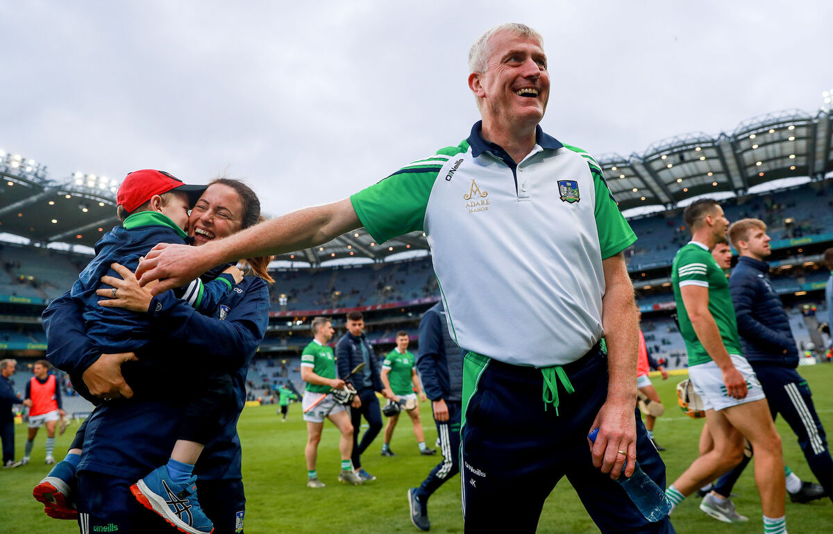 Limerick manager John Kiely celebrates after the game with Caroline Currid with Cathal O’Brien in 2021. Pic: Tommy Dickson/Inpho Limerick manager John Kiely celebrates after the game with Caroline Currid with Cathal O’Brien in 2021. Pic: Tommy Dickson/Inpho