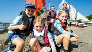<p>Alex Dwyer, Xanthe Kennelly, Catherine McDevitt, Caroline Kennelly and Juliette Cotter enjoy the sunshine during a sailing camp in Monkstown. Picture: Chani Anderson</p>