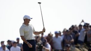 <p>Rory McIlroy reacts after missing a putt on the 7th green. Pic: Peter Byrne/PA Wire</p>