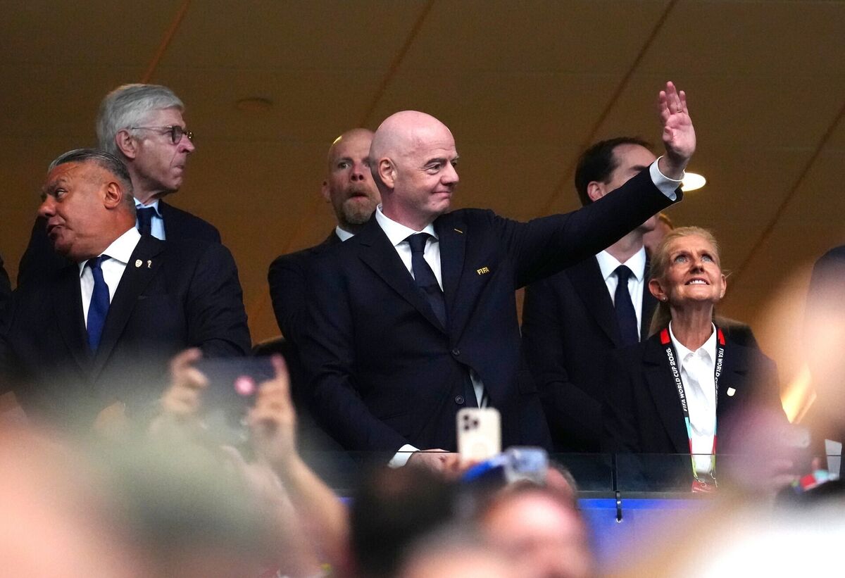 FIFA President Gianni Infantino and English Football Association President Debbie Hewitt (right) during the FIFA World Cup 2026 semi-final match at the Atlanta Stadium. Pic: Nick Potts/PA
