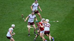 <p>NO TIME, NO SPACE: Cork's Robbie O'Flynn is bottled up by Galway's Darren Morrissey, Darragh Neary, Cian Daniels, Daithí Burke, and Joshua Ryan in the All-Ireland SHC semi-final at Croke Park. Pic: Daire Brennan/Sportsfile</p>