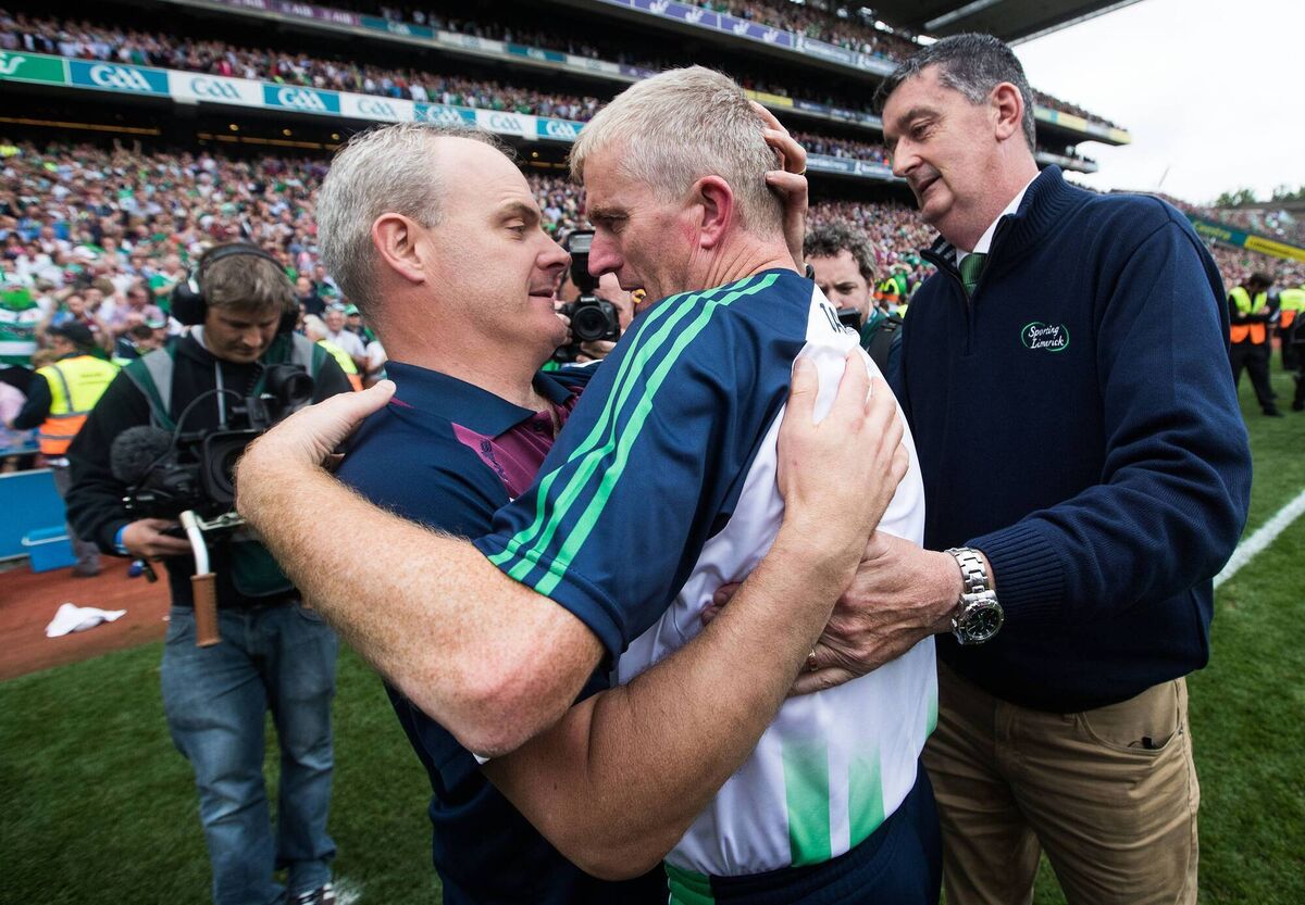 John Kiely with Galway manager Michael Donoghue at the end of the 2018 All-Ireland final. Pic: Tommy Dickson/Inpho