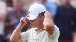<p>STRUGGLING: Masters champion Rory McIlroy reacts on the 15th, during a round which say him post a two over par 72. Pic: David Davies/PA</p>