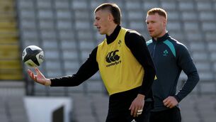 <p>Sam Prendergast, left, and Ciarán Frawley during the Ireland Rugby captain's run at Eden Park in Auckland, New Zealand. Photo by Brendan Moran/Sportsfile</p>