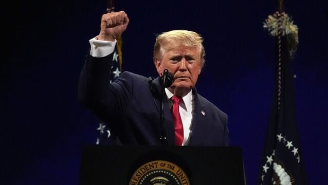 <p>President Donald Trump gestures at the conclusion of his speech. Picture: AP Photo/Mark Schiefelbein</p>