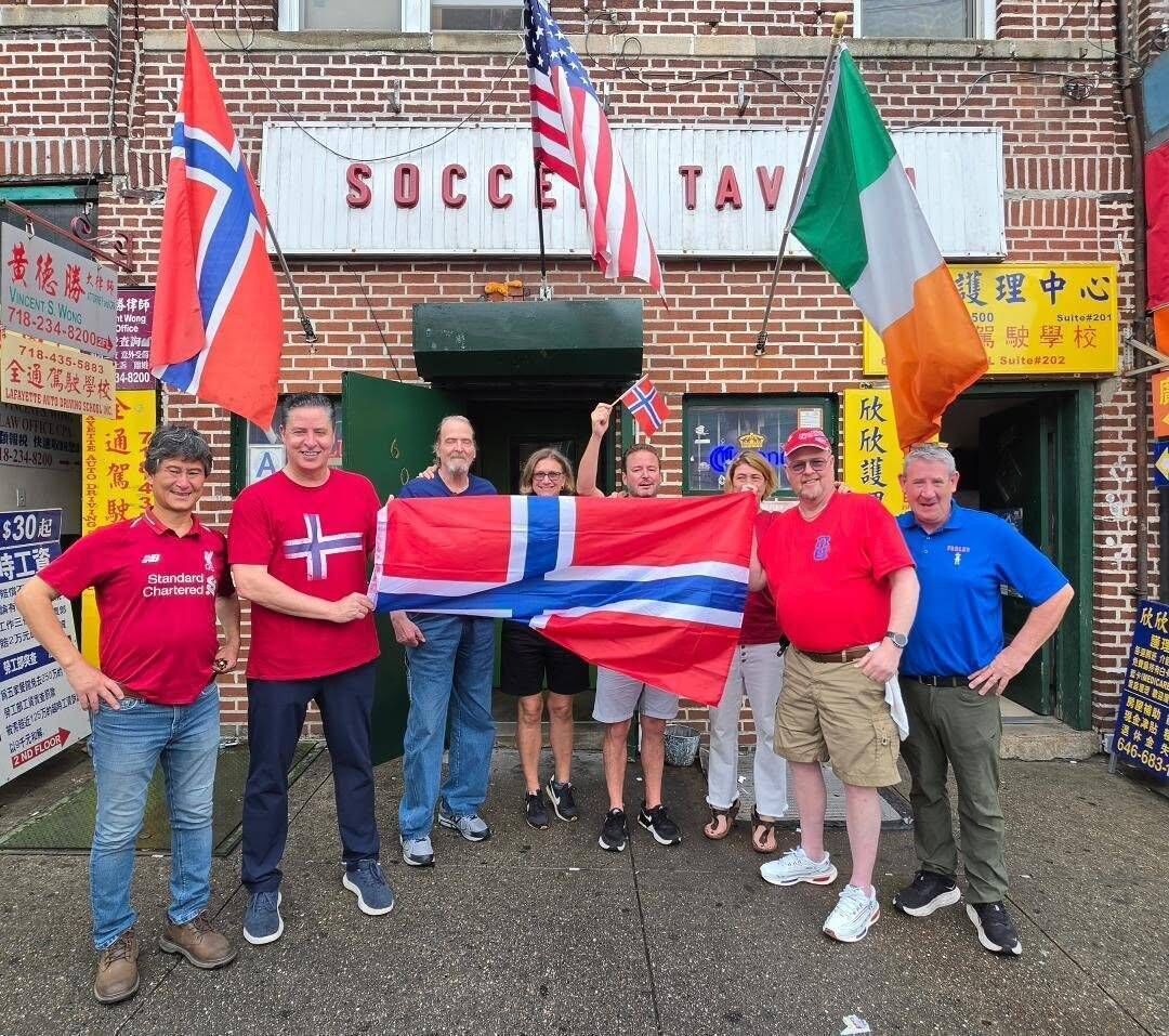 Brendan Farley (first right), co-owner of Brooklyn's Soccer Tavern, with Norwegian fans at the World Cup. Picture: Soccer Tavern Brendan Farley (first right), co-owner of Brooklyn's Soccer Tavern, with Norwegian fans at the World Cup. Picture: Soccer Tavern