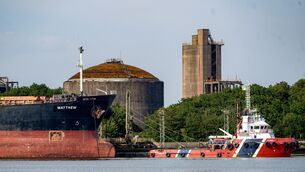 <p>The MV Matthew is secured to a tug in Cork Harbour near Passage West as preparations continue ahead of its planned departure. Picture: Chani Anderson</p> <p>The MV Matthew is secured to a tug in Cork Harbour near Passage West as preparations continue ahead of its planned departure. Picture: Chani Anderson</p>