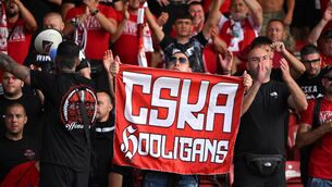 <p>CSKA Sofia supporters celebrate after the UEFA Europa League First Qualifying Round 2nd Leg match between Derry City and CSKA Sofia at The Ryan McBride Brandywell Stadium in Derry. Photo by Stephen McCarthy/Sportsfile</p> <p>CSKA Sofia supporters celebrate after the UEFA Europa League First Qualifying Round 2nd Leg match between Derry City and CSKA Sofia at The Ryan McBride Brandywell Stadium in Derry. Photo by Stephen McCarthy/Sportsfile</p>