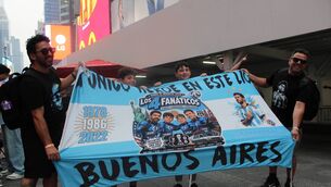 <p>Argentina fans travelling to the World Cup final arrive in Times Square, New York. Photo: Alex Cunningham</p> <p>Argentina fans travelling to the World Cup final arrive in Times Square, New York. Photo: Alex Cunningham</p>