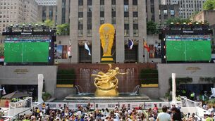 <p>Fans gather at the Rockefeller Centre in New York to watch the semi-final clash between France and Spain. Photo: Alex Cunningham</p>
