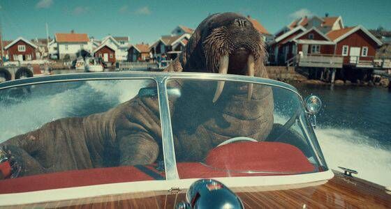 A still from an ad for Virgin Media TV featuring a walrus piloting a speedboat A still from an ad for Virgin Media TV featuring a walrus piloting a speedboat
