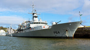 <p>The LÉ George Bernard Shaw docked at the Irish Naval Base in Haulbowline. Ireland’s defence spend will be eight times less than the EU average this year. Picture: Noel Sweeney</p>